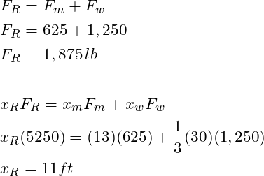 \begin{align*}\label{Step2}&F_R = F_m + F_w\\&F_R =625 +1,250\\ &F_R = 1,875\, lb\\\\&x_{R}F_{R} = x_{m}F_{m} +x_{w}F_{w}\\ &x_{R}(5250) = (13)(625) + \frac{1}{3}(30)(1,250)\\&x_R=11 ft\end{align*}