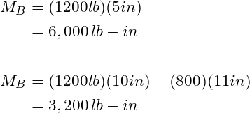 \begin{align*}\label{Step4}M_B&= (1200lb)(5in)\\ &=6,000\, lb-in\\\\M_B&= (1200lb)(10in)-(800)(11in)\\ &= 3,200 \, lb-in\\\end{align*}