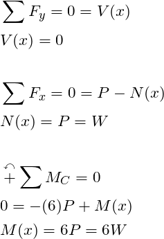 \begin{align*}\label{Step4}&\sum{F_y} = 0 = V(x)\\&V(x) = 0\\\\&\sum{F_x} =0 = P-N(x)\\ &N(x) = P = W\\\\&\overset{\curvearrowleft}{+} \sum{M_C} = 0\\ &0 =-(6)P +M(x)\\&M(x) = 6P=6W \\\end{align*}